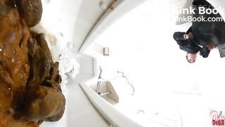 Japanese shitting on toilet.