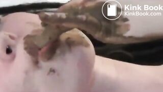 Hot blonde girl pooping and smear her shit on body in bed(No Sound)