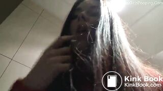 Sexy teen pooping in public toilet