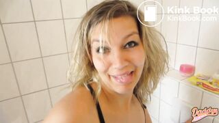 German-speaking woman poops on the toilet