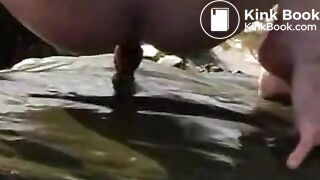 ginger eats her scat on the beach