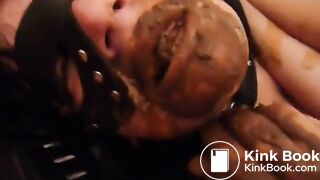 Licking brown shit from her hands