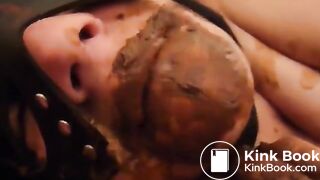 Licking brown shit from her hands