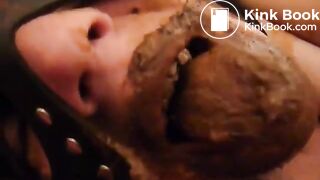 Licking brown shit from her hands
