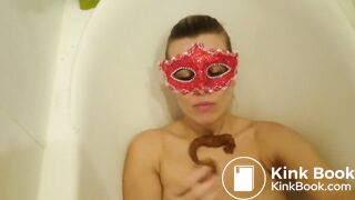 Sucking cock while being smeared in shit