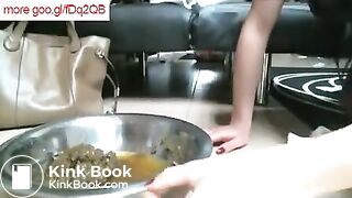 Woman shits in a bowl