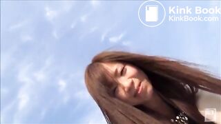 Cute Japanese lady poops in front of camera at rooftop for money