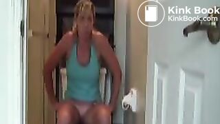 Girl pooping on the toilet.