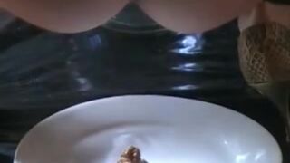 Mistress feeds slave her shit
