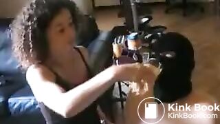 Mistress feeds slave her shit