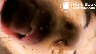 Slim Jap girl with big tits shitted while being fucked by two daddies