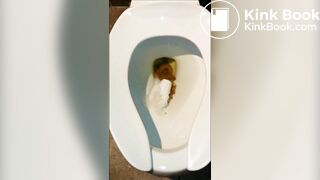 Woman shitting public toilet at restaurant.