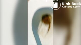 Woman shitting public toilet at restaurant.