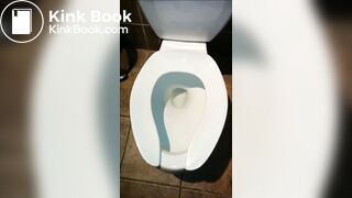 Woman shitting public toilet at restaurant.