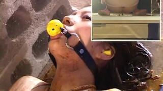 Clothed women pissing and shitting on a naked bounded girl with a gag in her mouth