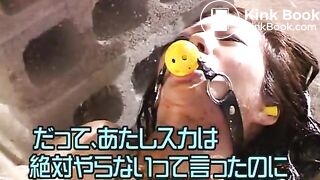 Clothed women pissing and shitting on a naked bounded girl with a gag in her mouth