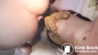 Lucky slave receives a messy shit into his mouth