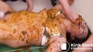 Schoolgirls cover their shy friend in shit