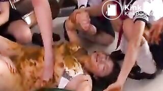 Schoolgirls cover their shy friend in shit