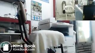 Really cute girl drills her dirty ass in a shop