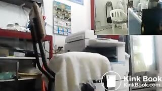 Really cute girl drills her dirty ass in a shop