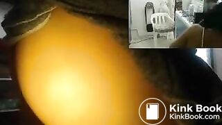 Really cute girl drills her dirty ass in a shop