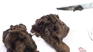 Girl eats, then shits with a nice straining expression on her face