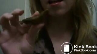 Blonde housewife tasting fresh poop