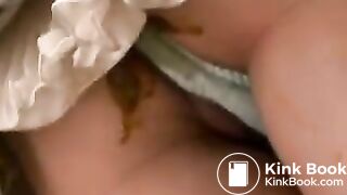 desperate asian shitting her pants and the floor at closed door