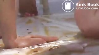 Two babes in swimsuits trying lesbian scat sex for the first time