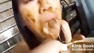 Japanese scat woman gobbles down a dirty meal