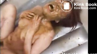 Cute Japanese girl eats shit while being fucked
