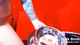 Heavily tattooed dirty slut eats her own shit