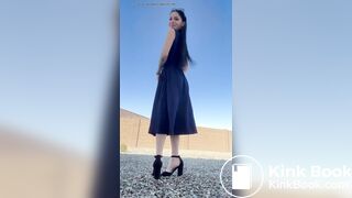 Beautiful brunette with a hairy pussy takes a shit in t