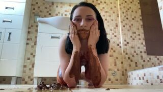 Smearing shit on saggy tits