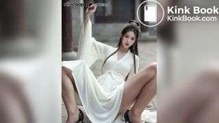 A girl in white traditional Chinese clothing defecates