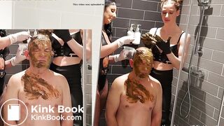 Two mistresses rubbing shit on slave
