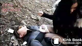 chinese mistress shits on slave outside