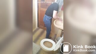 Sexy Latina girl wet poop in restaurant toilet