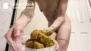 Sexy girl let’s out a big poop in a container