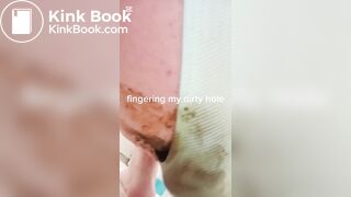 Pooping panties on toilet lid and playing with it