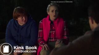 Women in tv show poops in a trash can