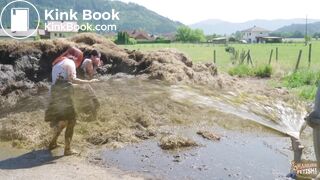 Two girls sprayed with cowshit by a slurry tanker