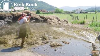 Two girls sprayed with cowshit by a slurry tanker