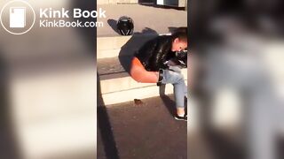 Beautiful female rider poops outdoors.