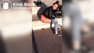 Beautiful female rider poops outdoors.