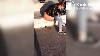Beautiful female rider poops outdoors.