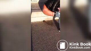 Beautiful female rider poops outdoors.