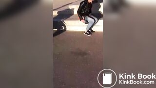 Beautiful female rider poops outdoors.