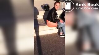 Beautiful female rider poops outdoors.